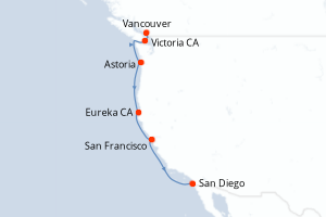 Carte itinéraire croisière - 7 jours au départ de Vancouver - Amérique du Nord