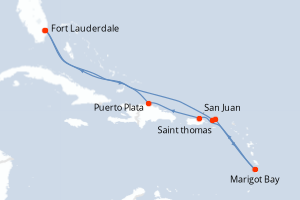 Carte itinéraire croisière - 9 jours au départ de Fort Lauderdale - Caraïbes Bahamas