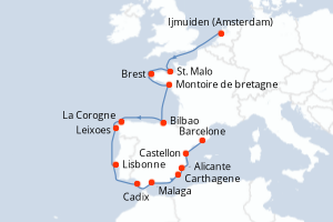 Carte itinéraire croisière - 18 jours au départ de Ijmuiden (Amsterdam) - Méditerranée
