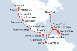 Carte itinéraire croisière - 39 jours au départ de Vancouver - Amérique du Nord