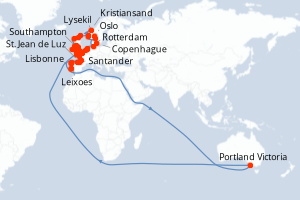 Carte itinéraire croisière - 48 jours au départ de Lisbonne - Atlantique