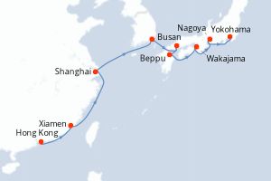 Carte itinéraire croisière - 15 jours au départ de Hong Kong - Asie