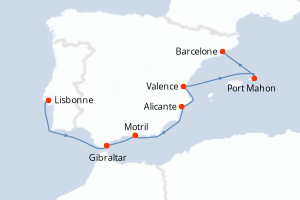Carte itinéraire croisière - 7 jours au départ de Lisbonne - Méditerranée