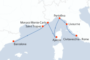 Carte itinéraire croisière - 7 jours au départ de Barcelone - Méditerranée