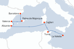 Carte itinéraire croisière - 7 jours au départ de La Valette - Méditerranée