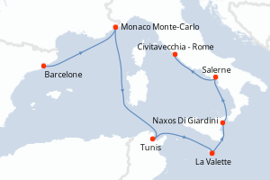 Carte itinéraire croisière - 9 jours au départ de Barcelone - Méditerranée
