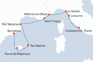Carte itinéraire croisière - 9 jours au départ de Civitavecchia - Rome - Méditerranée