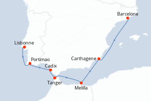 Carte itinéraire croisière - 7 jours au départ de Barcelone - Atlantique