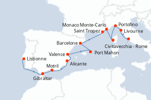 Carte itinéraire croisière - 14 jours au départ de Lisbonne - Méditerranée