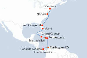 Carte itinéraire croisière - 14 jours au départ de Fuerte amador - Amérique du Nord