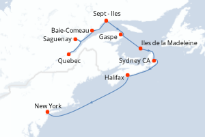 Carte itinéraire croisière - 11 jours au départ de Quebec - Amérique du Nord