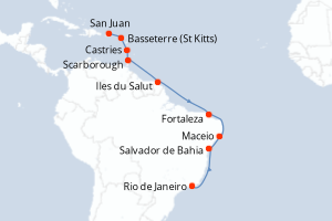 Carte itinéraire croisière - 14 jours au départ de San Juan - Amérique du Sud