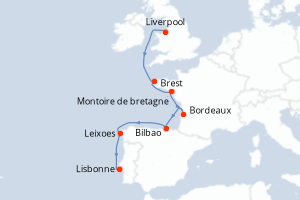 Carte itinéraire croisière - 10 jours au départ de Liverpool - Atlantique