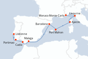 Carte itinéraire croisière - 10 jours au départ de Monaco Monte-Carlo - Atlantique