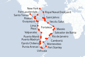 Carte itinéraire croisière - 71 jours au départ de New York - Tour du Monde