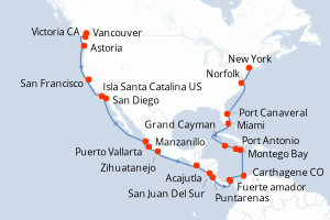 Carte itinéraire croisière - 32 jours au départ de Vancouver - Amérique du Nord