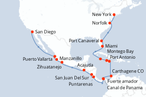 Carte itinéraire croisière - 25 jours au départ de San Diego - Amérique du Nord