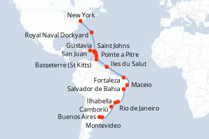 Carte itinéraire croisière - 30 jours au départ de New York - Amérique du Sud