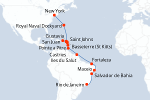 Carte itinéraire croisière - 23 jours au départ de New York - Amérique du Sud