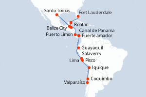 Carte itinéraire croisière - 23 jours au départ de Valparaíso - Caraïbes Bahamas
