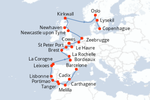 Carte itinéraire croisière - 29 jours au départ de Barcelone - Europe du Nord