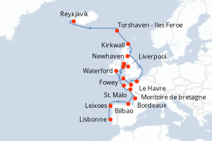 Carte itinéraire croisière - 23 jours au départ de Reykjavik - Atlantique