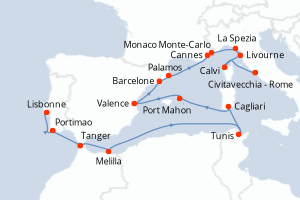 Carte itinéraire croisière - 18 jours au départ de Lisbonne - Méditerranée