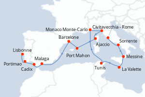 Carte itinéraire croisière - 17 jours au départ de Civitavecchia - Rome - Atlantique