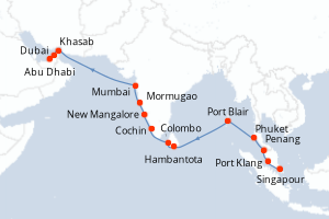 Carte itinéraire croisière - 20 jours au départ de Singapour - Moyen-Orient Dubaï