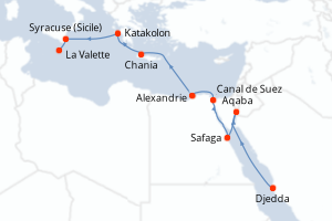 Carte itinéraire croisière - 13 jours au départ de Djedda - Mer Rouge Océan Indien
