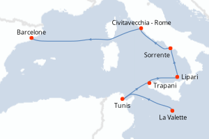 Carte itinéraire croisière - 9 jours au départ de La Valette - Méditerranée