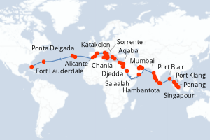 Carte itinéraire croisière - 65 jours au départ de Singapour - Caraïbes Bahamas