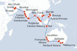 Carte itinéraire croisière - 47 jours au départ de Melbourne - Moyen-Orient Dubaï