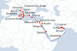Carte itinéraire croisière - 31 jours au départ de Dubai - Méditerranée