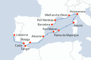 Carte itinéraire croisière - 12 jours au départ de Barcelone - Atlantique