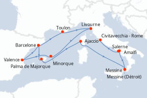 Carte itinéraire croisière - 14 jours au départ de Barcelone - Méditerranée