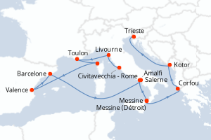 Carte itinéraire croisière - 14 jours au départ de Civitavecchia - Rome - Méditerranée