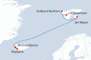 Carte itinéraire croisière - 12 jours au départ de Longyearbyen - Europe du Nord
