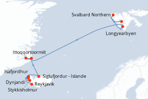 Carte itinéraire croisière - 17 jours au départ de Longyearbyen - Europe du Nord