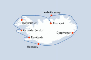 Carte itinéraire croisière - 9 jours au départ de Reykjavik - Europe du Nord