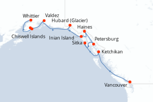 Carte itinéraire croisière - 11 jours au départ de Vancouver - Alaska