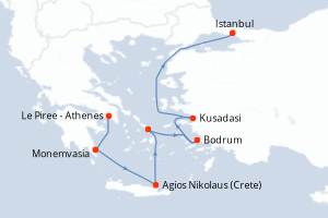 Carte itinéraire croisière - 7 jours au départ de Le Piree - Athenes - Méditerranée
