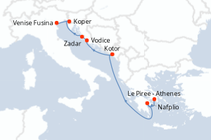 Carte itinéraire croisière - 7 jours au départ de Le Piree - Athenes - Méditerranée