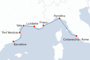 Carte itinéraire croisière - 7 jours au départ de Civitavecchia - Rome - Méditerranée
