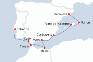 Carte itinéraire croisière - 9 jours au départ de Barcelone - Atlantique
