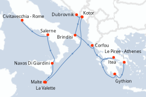 Carte itinéraire croisière - 14 jours au départ de Civitavecchia - Rome - Méditerranée