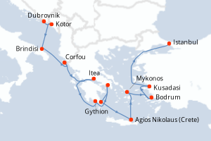 Carte itinéraire croisière - 14 jours au départ de Dubrovnik - Méditerranée
