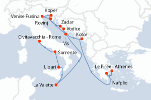Carte itinéraire croisière - 14 jours au départ de Le Piree - Athenes - Méditerranée