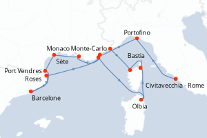 Carte itinéraire croisière - 14 jours au départ de Civitavecchia - Rome - Méditerranée