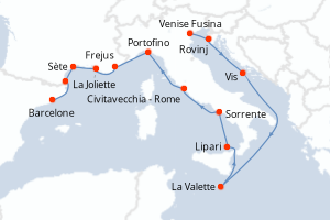 Carte itinéraire croisière - 14 jours au départ de Venise Fusina - Méditerranée
